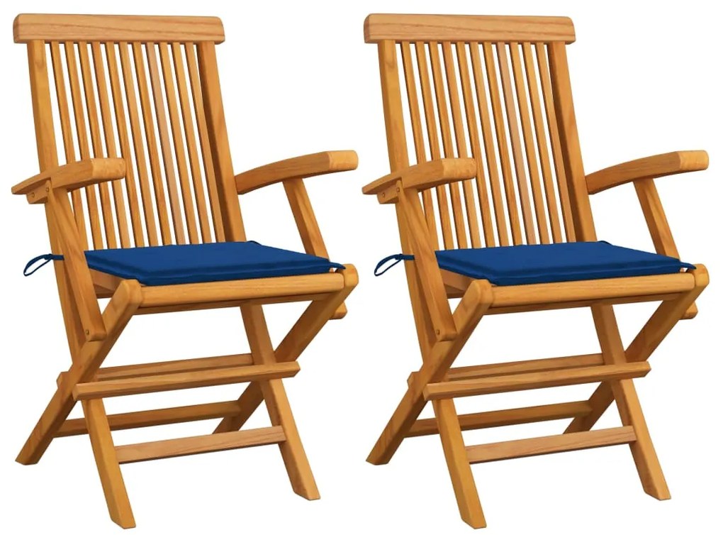 vidaXL Cadeiras de jardim c/ almofadões azul real 2 pcs teca maciça
