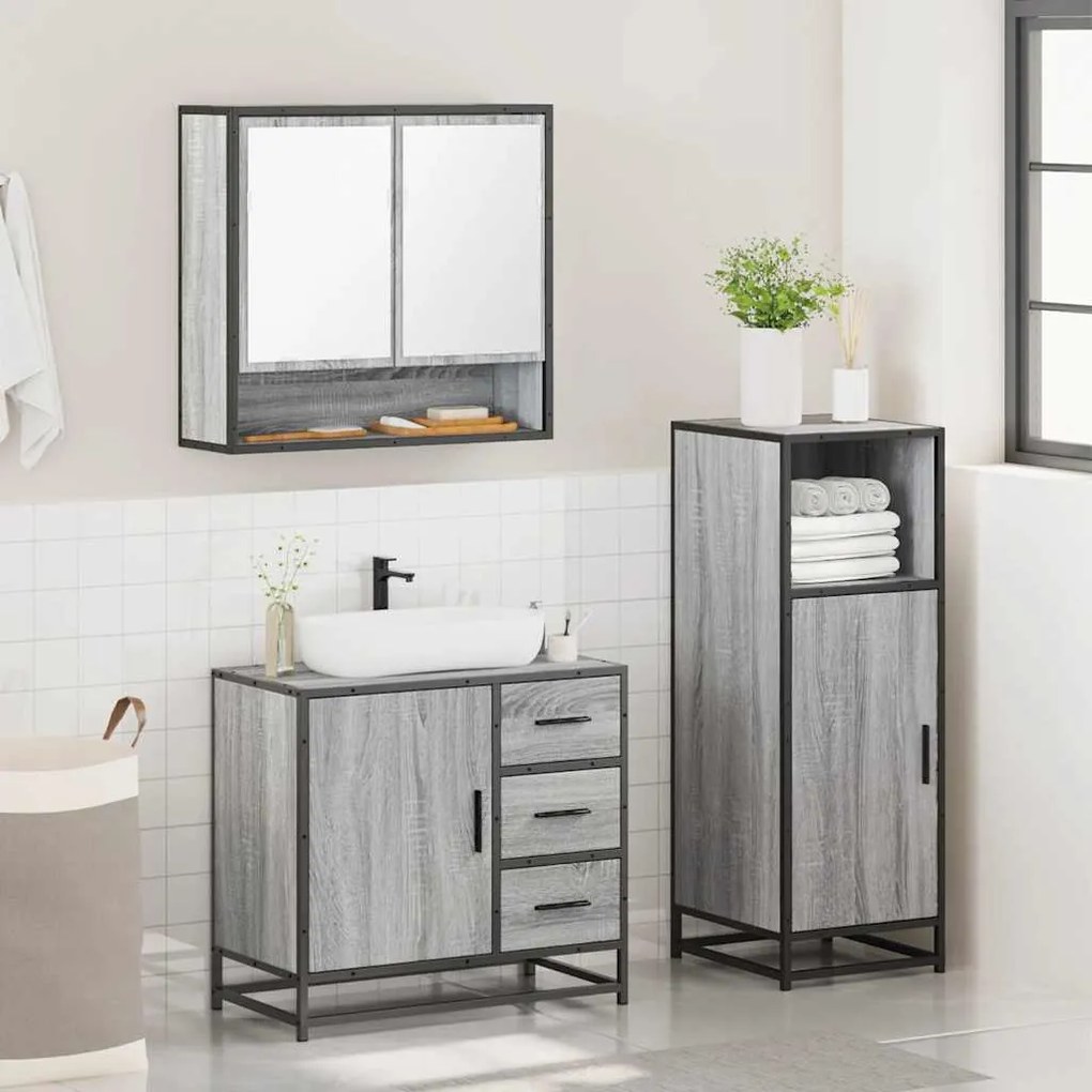 3 pcs Conjunto móveis casa de banho madeira proc. cinza sonoma