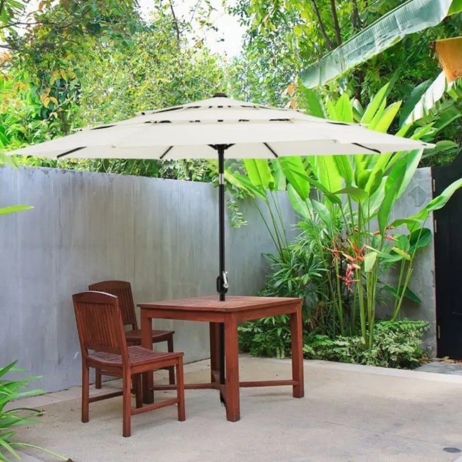 Guarda-sol jardim 3 m de 3 camadas de com ventilação dupla (BASE NÃO INCLUIDA), inclinação, botão de pressão, manivela manual e 8 varas Bege