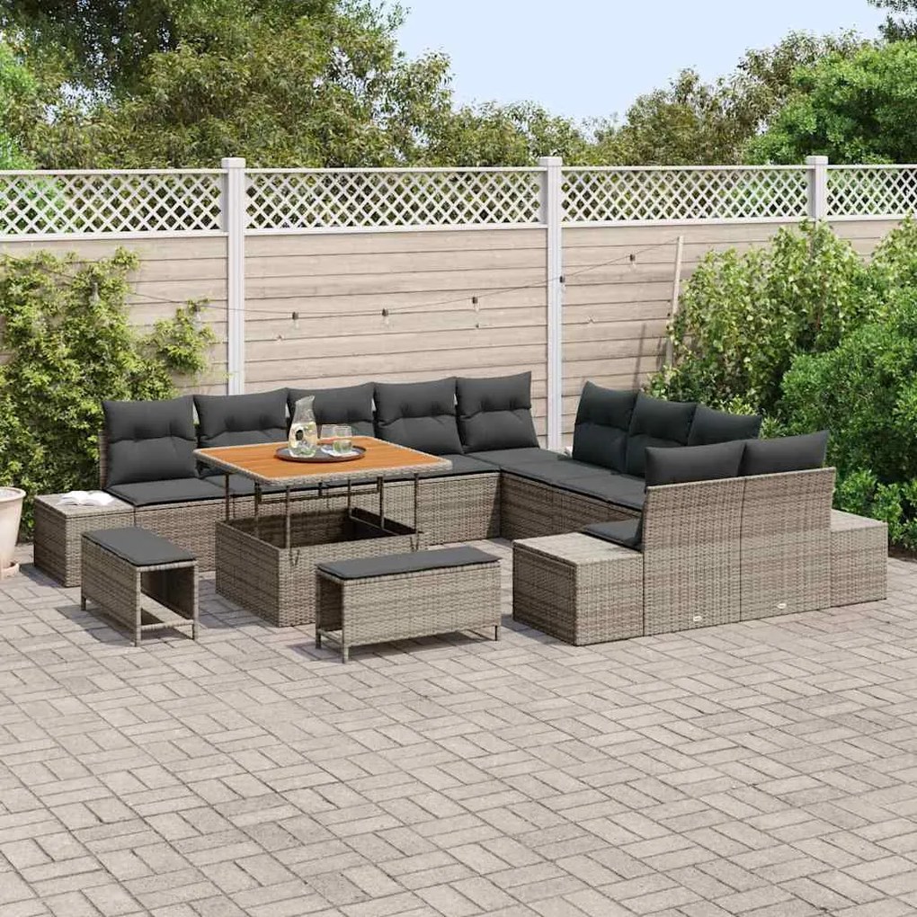 Conjunto de Sofá de Jardim com 13 Peças e Almofadas Cinzas em Rattan d