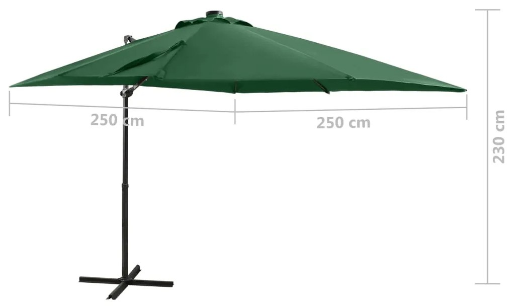 Guarda-sol jardim cantilever c/ poste e luzes LED 250 cm verde