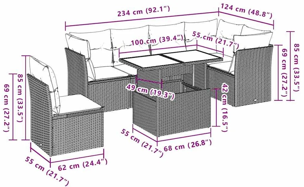 7 pcs conjunto de sofás p/ jardim c/ almofadões vime PE preto