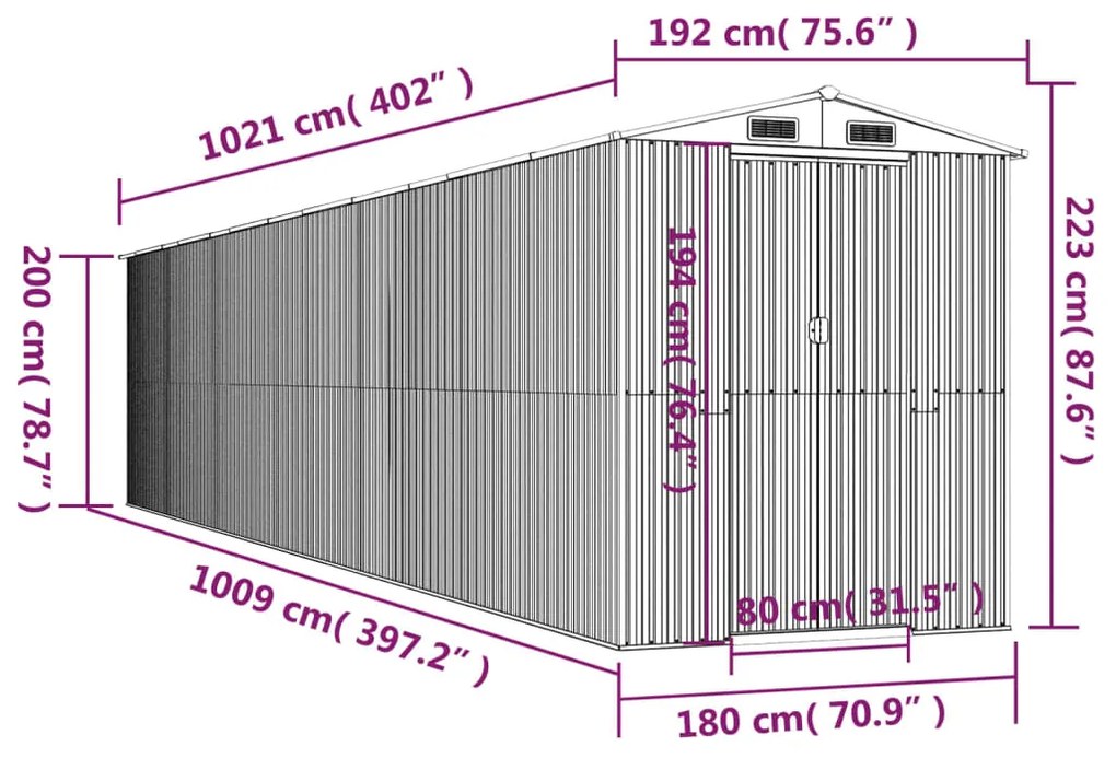 Abrigo de jardim 192x1021x223 cm aço galvanizado castanho