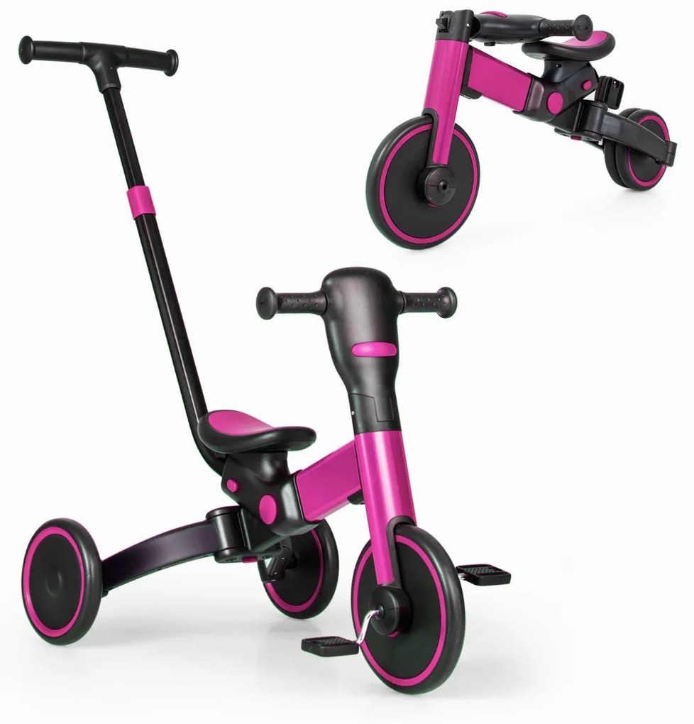 Bicicleta Balanço e Triciclo 4 em 1 com alça ajustável para os pais e pedais destacáveis ​​rosa