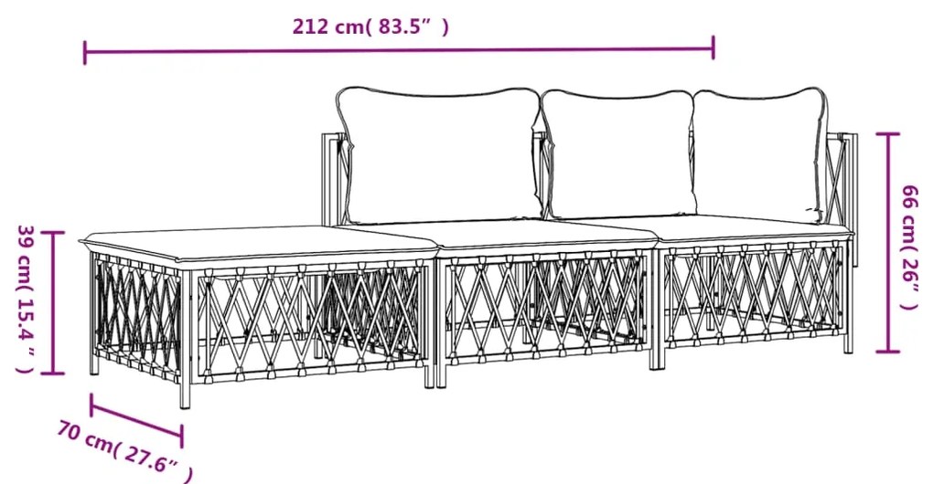 3 pcs conjunto lounge de jardim com almofadões aço branco