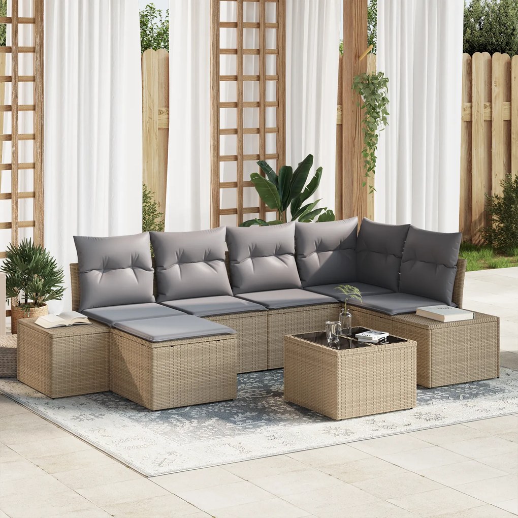 vidaXL Conjunto de Sofá de Jardim com 7 Peças e Almofadas em Rattan Polipropileno Preto