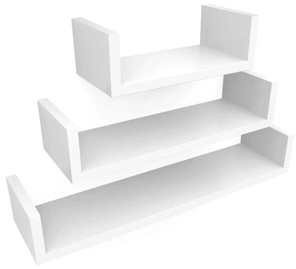 Conjunto de 3 prateleiras de parede SONGMICS, prateleiras flutuantes, 30, 45 e 60 cm, acabamento brilhante, decorativas, criativas, para quarto, sala de estar, cozinha e corredor, carga máxima de 15 kg, branco LWS66W