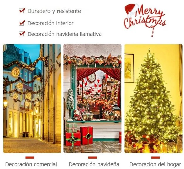 Árvore de Natal iluminada de 2,4 m com suporte Artificial Decoração para Natal em Casa Festa Verde