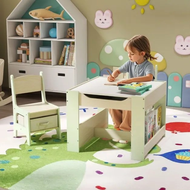 Conjunto de mesa e cadeiras infantil Mesa de atividades 4 em 1 para crianças com superfície reversível Prateleiras para livros e caixas Verde
