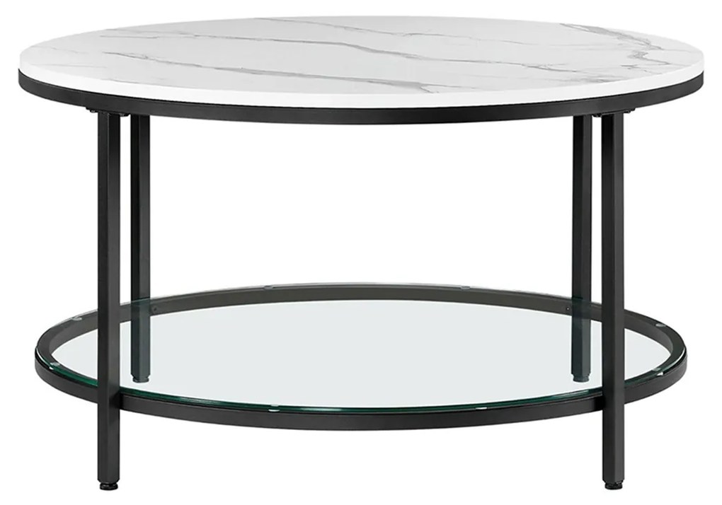 Mesa de centro redonda com 2 prateleiras para sala de estar 80 x 44,5 cm (Ø x H) aspeto de mármore branco, moldura preta