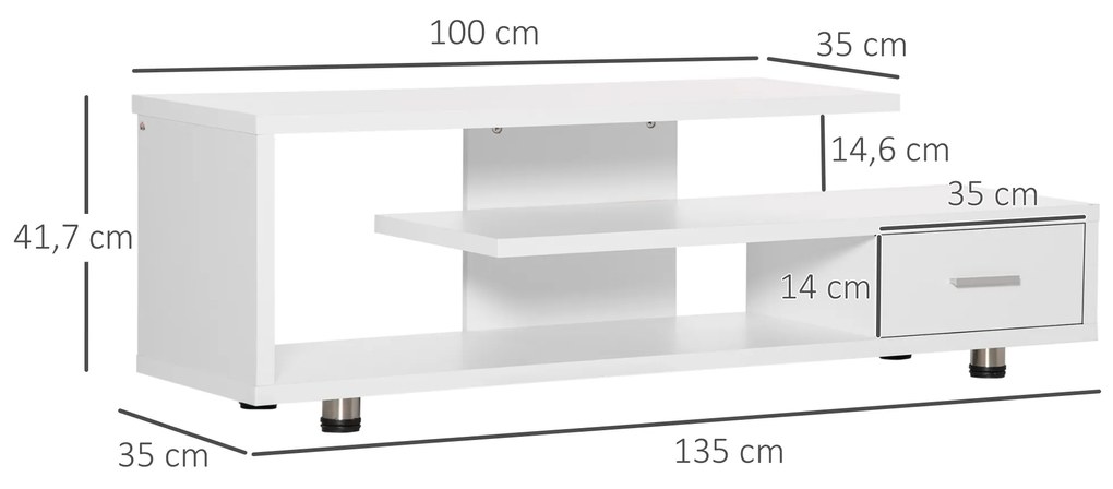 HOMCOM Móvel de TV para Televisores de até 45” Móvel de TV Moderno com 3 Prateleiras e 1 Gaveta para Dormitório Carga Máxima 60kg 135x35x41,7cm Branco