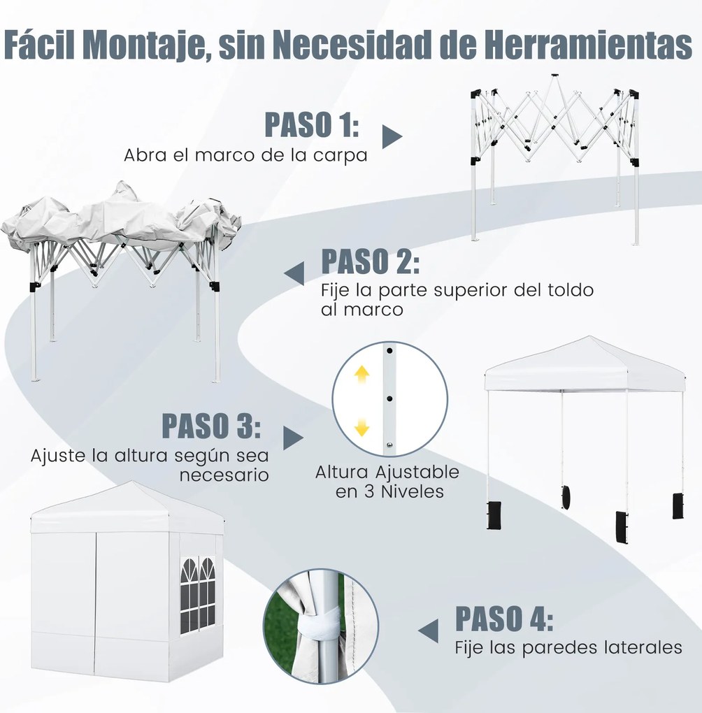 Tenda dobrável 194 x 194 cm, com 4 paredes laterais, 3 alturas ajustáveis, e 4 sacos de areia, 8 estacas, branca