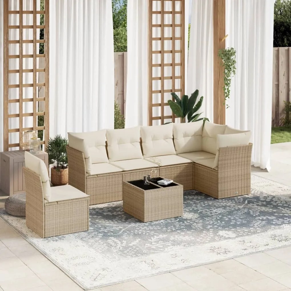 7 pcs conjunto de sofás p/ jardim com almofadões vime PE bege