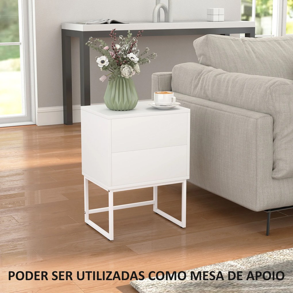 Conjunto de 2 Mesas de Cabeceira Estreitas Mesas de Cabeceira Quarto com 2 Gavetas Abertura por Pressão 40x30x55 cm Branco
