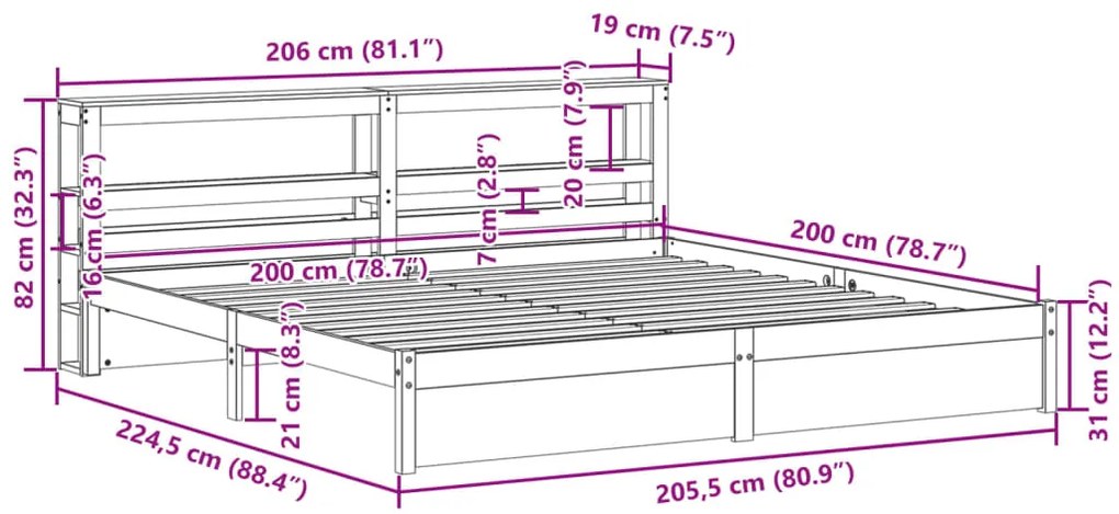 Estrutura de cama com cabeceira 200x200 cm pinho maciço