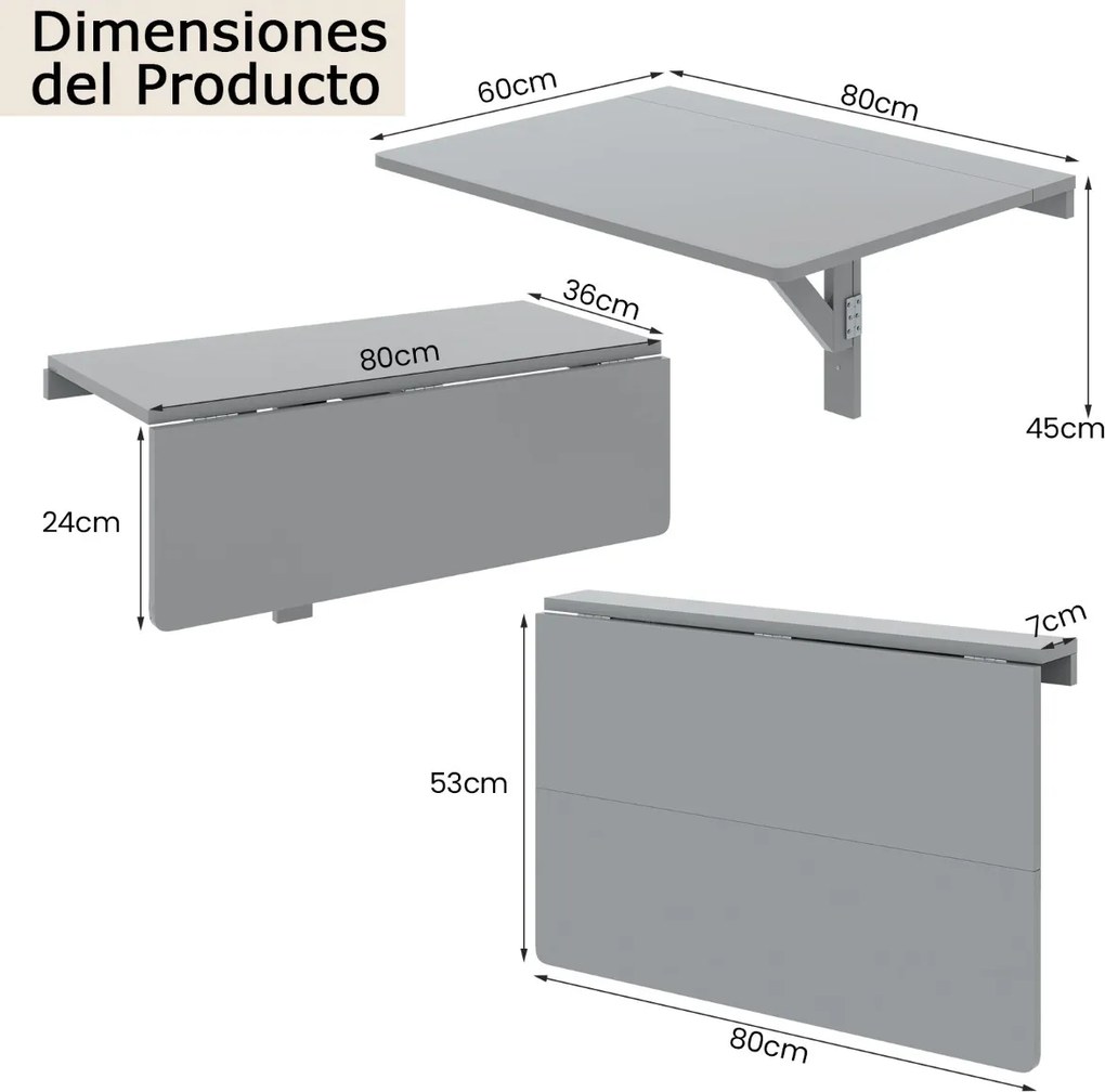Mesa dobrável para parede 80 x 60 x 45 cm Mesa rebatível para espaços pequenos Secretária dobrável cinzenta