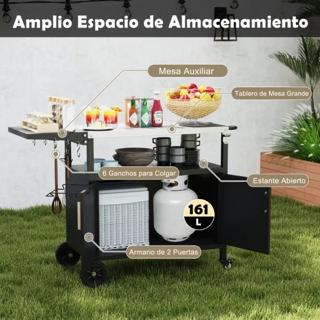 Carrinho cozinha de jardim para grelhados 127 x 50 x 84 cm com arrumação e tampo dobrável para churrasco em aço inoxidável Preto