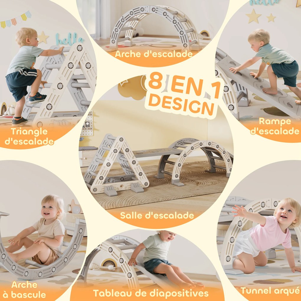 Triângulo de escalada infantil 8 em 1, arco de escalada, rampa dupla para escalar e deslizar, 279 x 80 x 69 cm, cinzento