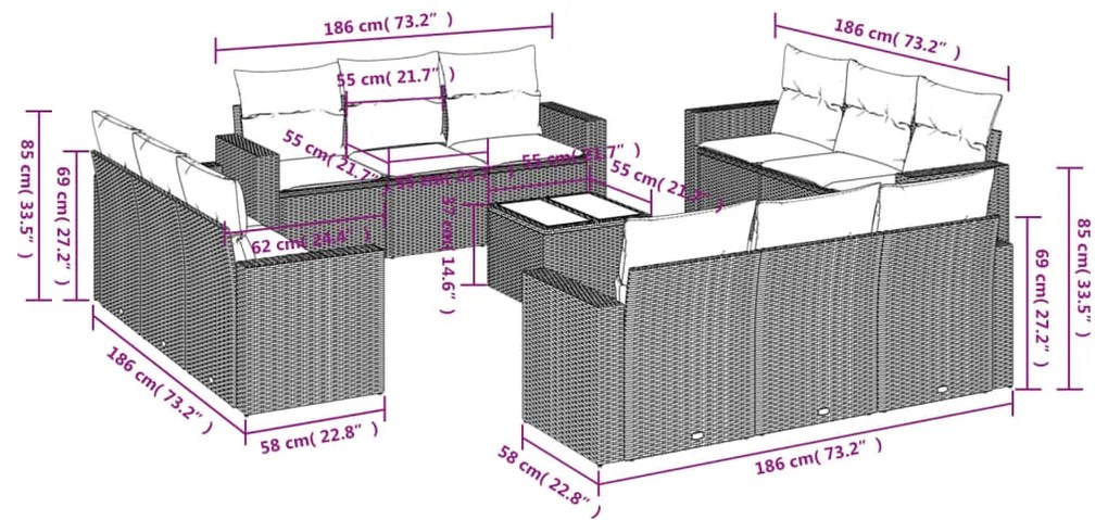 13 pcs conjunto sofás p/ jardim c/ almofadões vime PE castanho