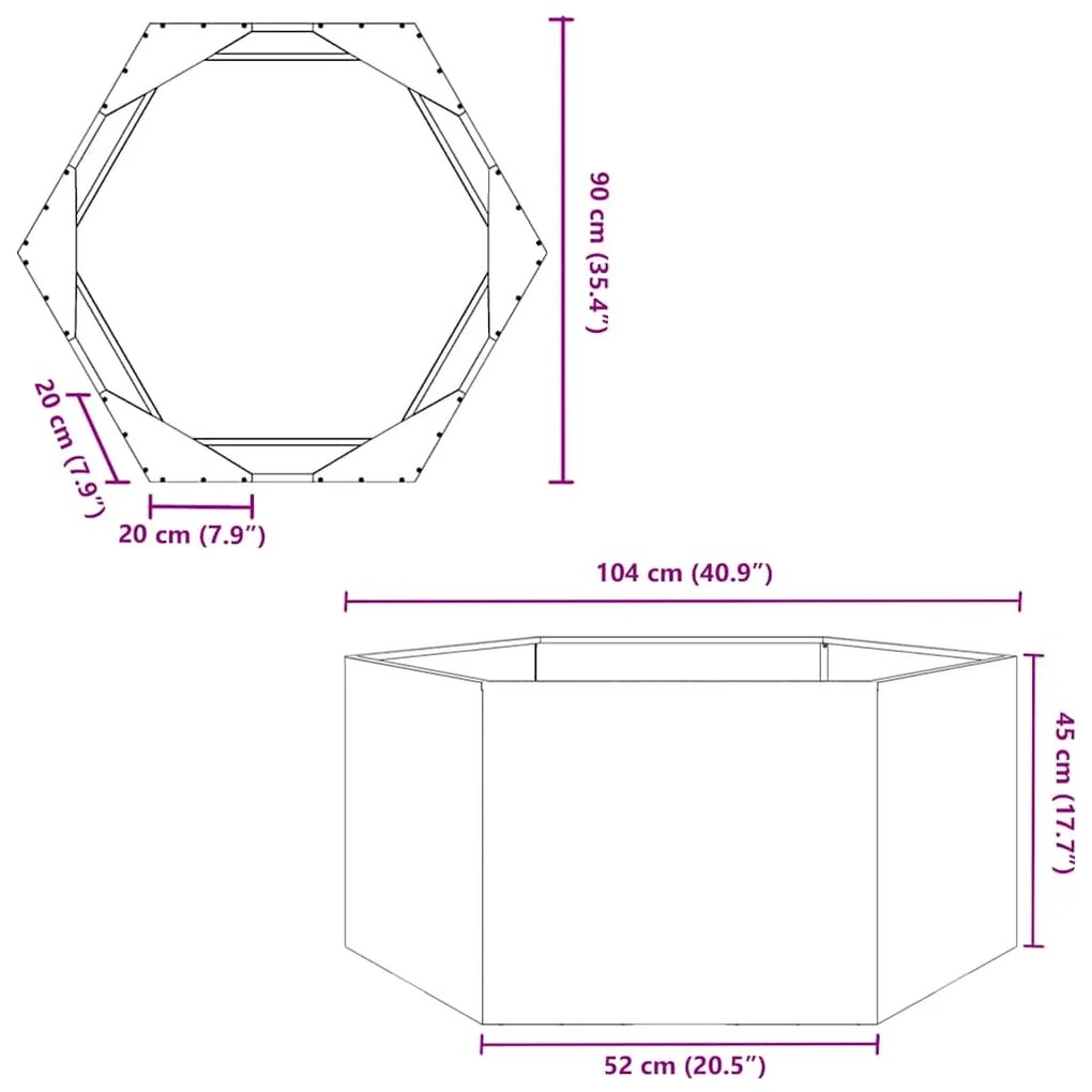 Vaso/floreira de jardim hexagonal 104x90x45 cm aço galvanizado