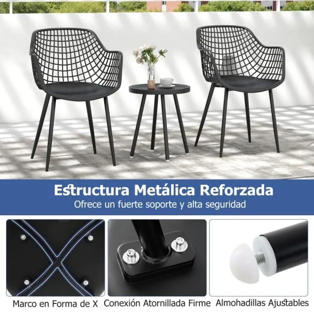 Conjunto de jardim de 3 peças 2 cadeiras Bistro e mesa de apoio PP Metal Stand Conjunto de mobiliário de exterior para interior Preto