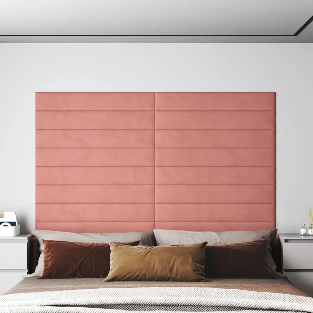 vidaXL Painel de parede 12 pcs 90x15 cm veludo 1,62 m² rosa