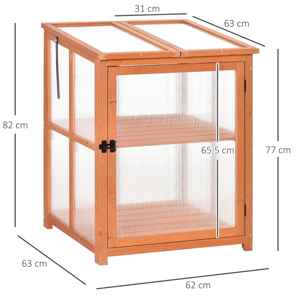 Mini Estufa de Jardim de Madeira e Painéis de Policarbonato com 2 Prateleiras Tampa e Portas para Plantas e Cultivos 62x63x82cm Madeira Natural