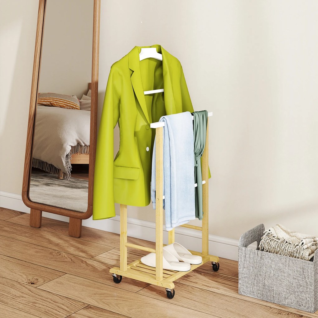 Cabide de Pé de Bambu com Rodas Cabide para Roupas com Barras para Calças e Prateleira Inferior para Sapatos Estilo Nórdico 47x33,7x105,5 cm Madeira e