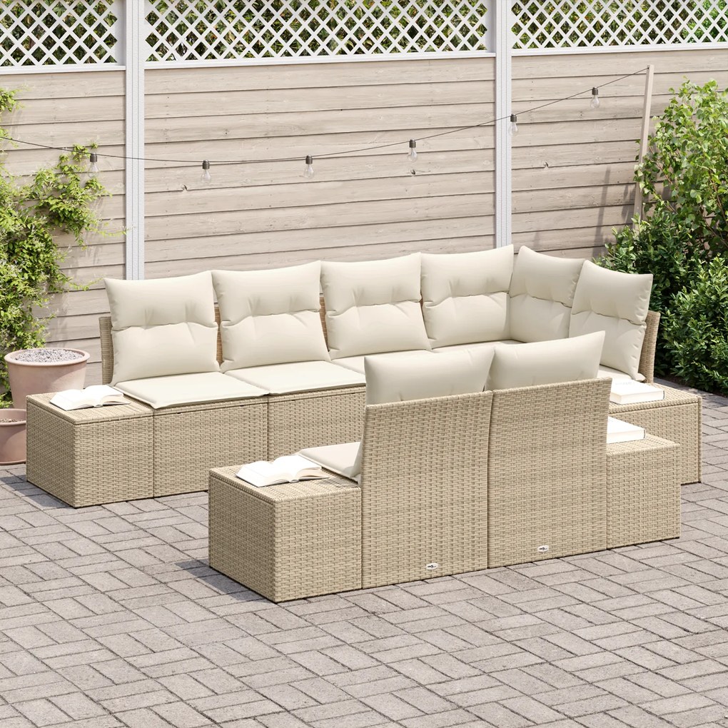 Conjunto de Sofá de Jardim de 7 Peças com Almofadas Bege Rattan Polipr