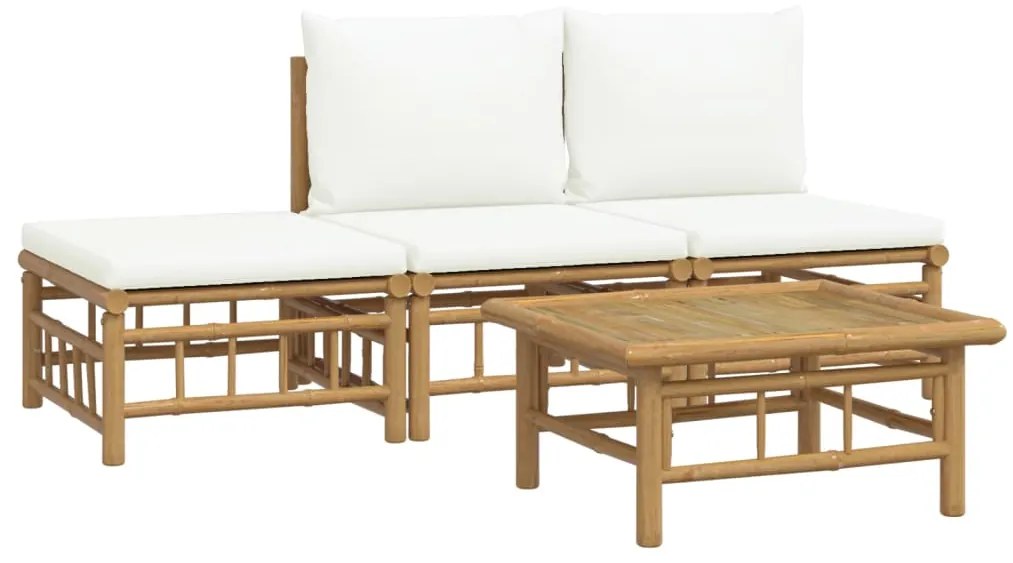 4 pcs conjunto lounge de jardim bambu c/ almofadões branco nata