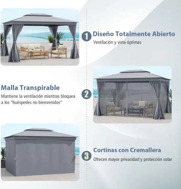 Pérgula de jardim 3 x 4 m com teto duplo Estrutura metálica Paredes laterais com rede mosquiteira e 8 estacas para terraço Jardim  Cinza