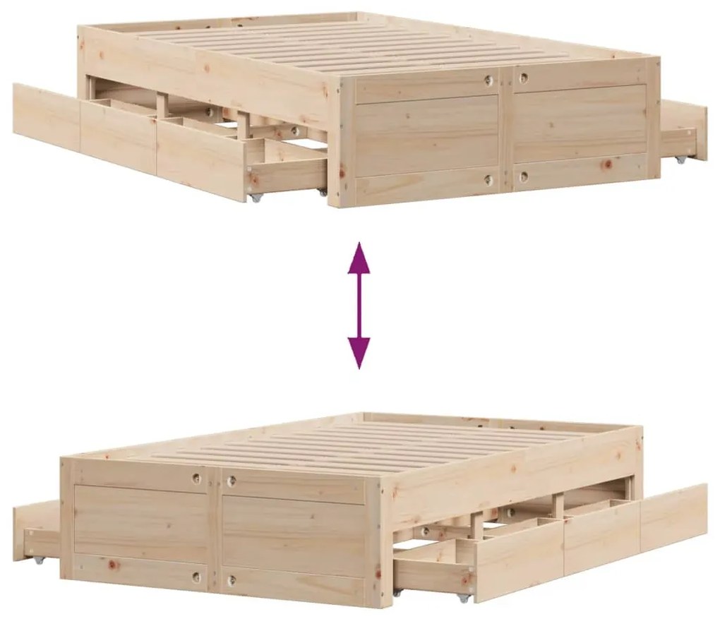 Cama sem colchão com gavetas 120x190 cm madeira de pinho maciça