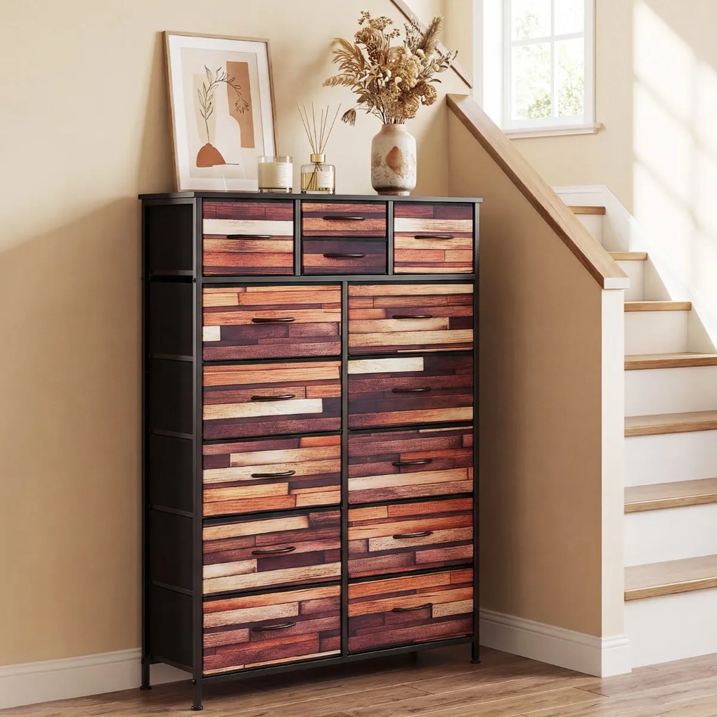 Cómoda com 14 gavetas com gavetas em tecido 85 x 30 x 120 cm, estrutura metálica, organizador para quarto Preto + Castanho