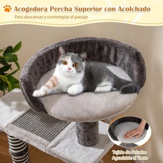 Arranhador para gatos 49 x 49 x 93 cm com 5 níveis de sisal e juta, tapetes, prateleira acolchoada, 3 plataformas, bolas suspensas e com mola, cinza
