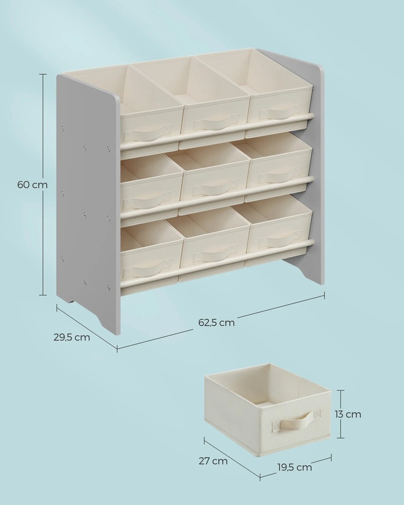 Estante para crianças com 9 caixas de arrumação em tecido não tecido 29,5 x 62,5 x 60 cm Cinzento