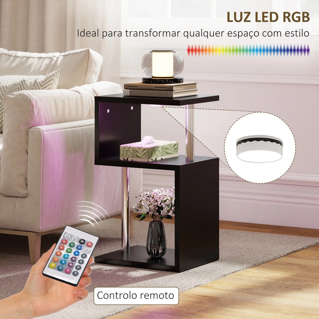 Mesa Auxiliar com Luz LED 3 Níveis Forma de S Prateleiras Abertas e Estrutura em Alumínio 44x38x75 cm Preto Brilhante