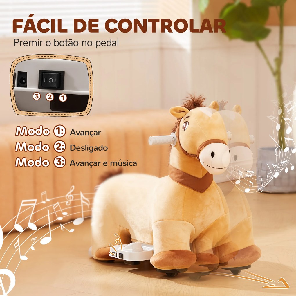 Cavalo Elétrico para Crianças de 18 a 36 Meses Cavalo de Brincar Elétrico com Bateria 6V e Música 69x34x53 cm Castanho