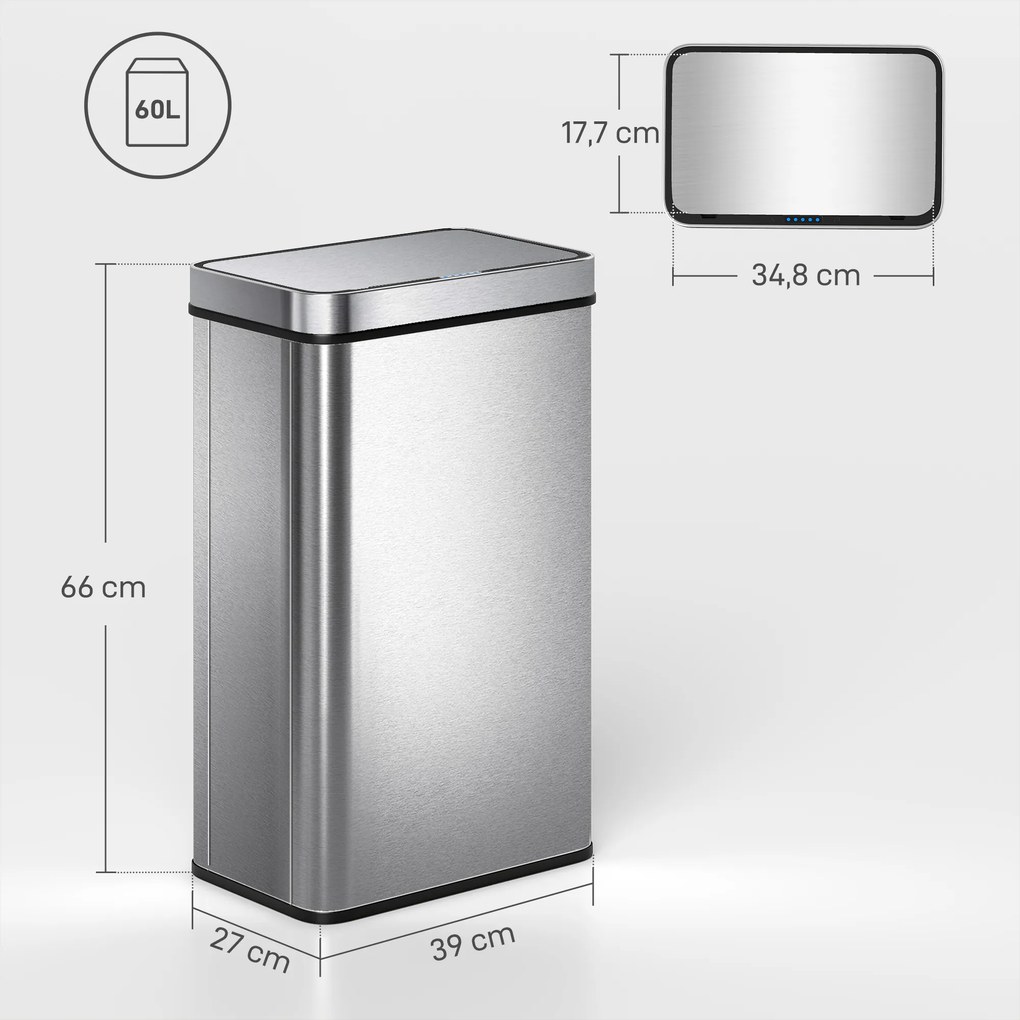 Caixote do lixo com sensor de 60 L com tampa de fecho suave 39 x 27 x 66 cm, caixote do lixo automático de cozinha em aço inoxidável, prateado