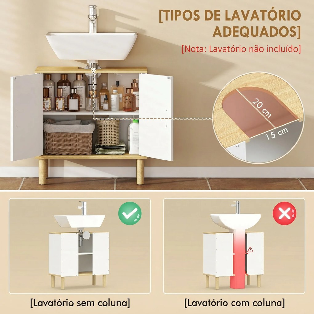 Móvel para Baixo do Lavatório (NÃO INCLUIDO) com Prateleira Ajustável Armário para Lavatório sem Pedestal com Portas Caneladas 60x30x61 cm Branco