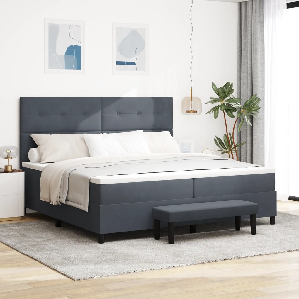 vidaXL Cama Box Spring com Colchão e Banco Cinza Escuro 200x200 cm Veludo