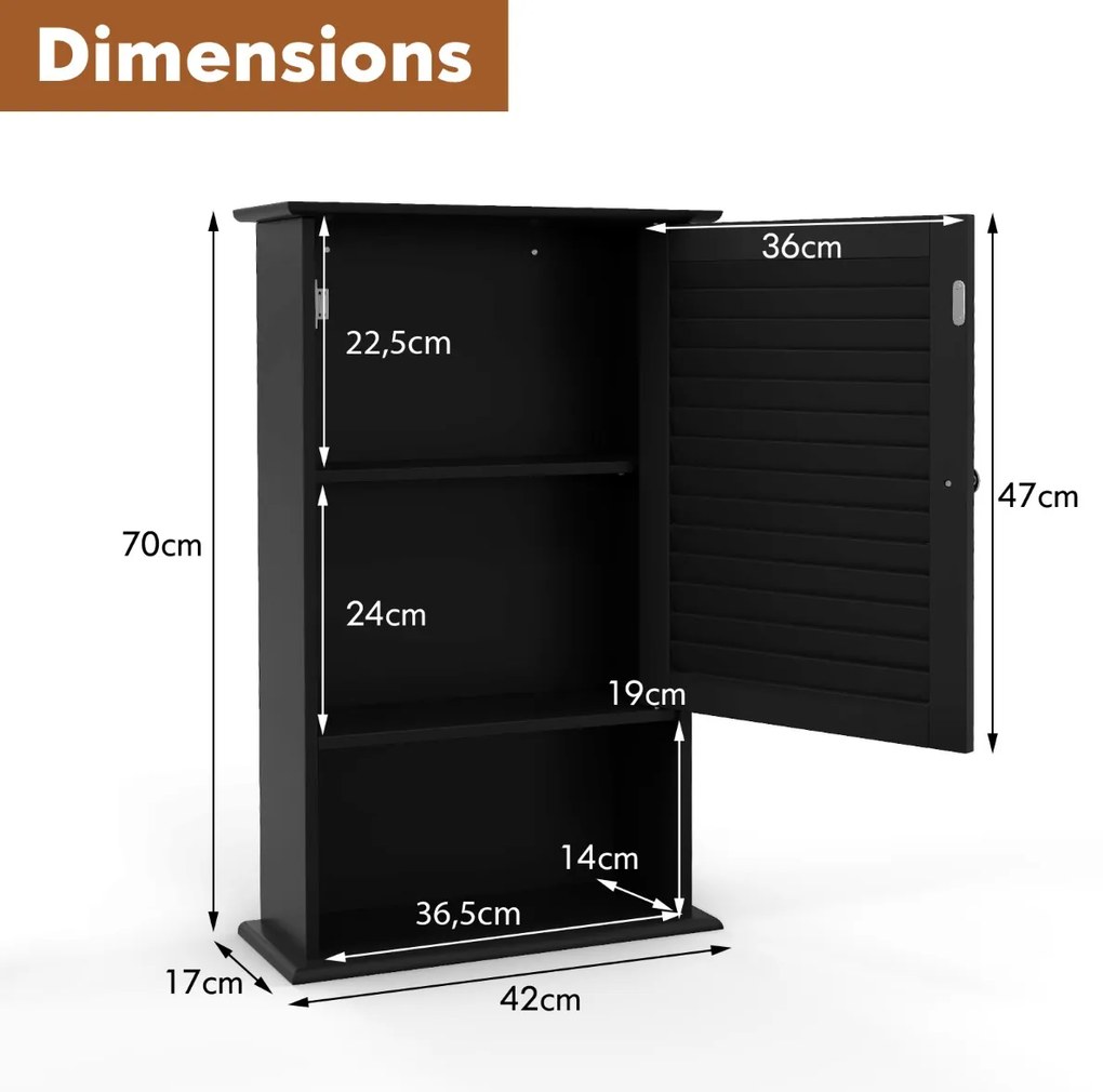 Armário de parede casa banho 42 x 16,5 x 70 cm com 3 prateleiras de arrumação e porta Móvel de banho com prateleira ajustável Preto