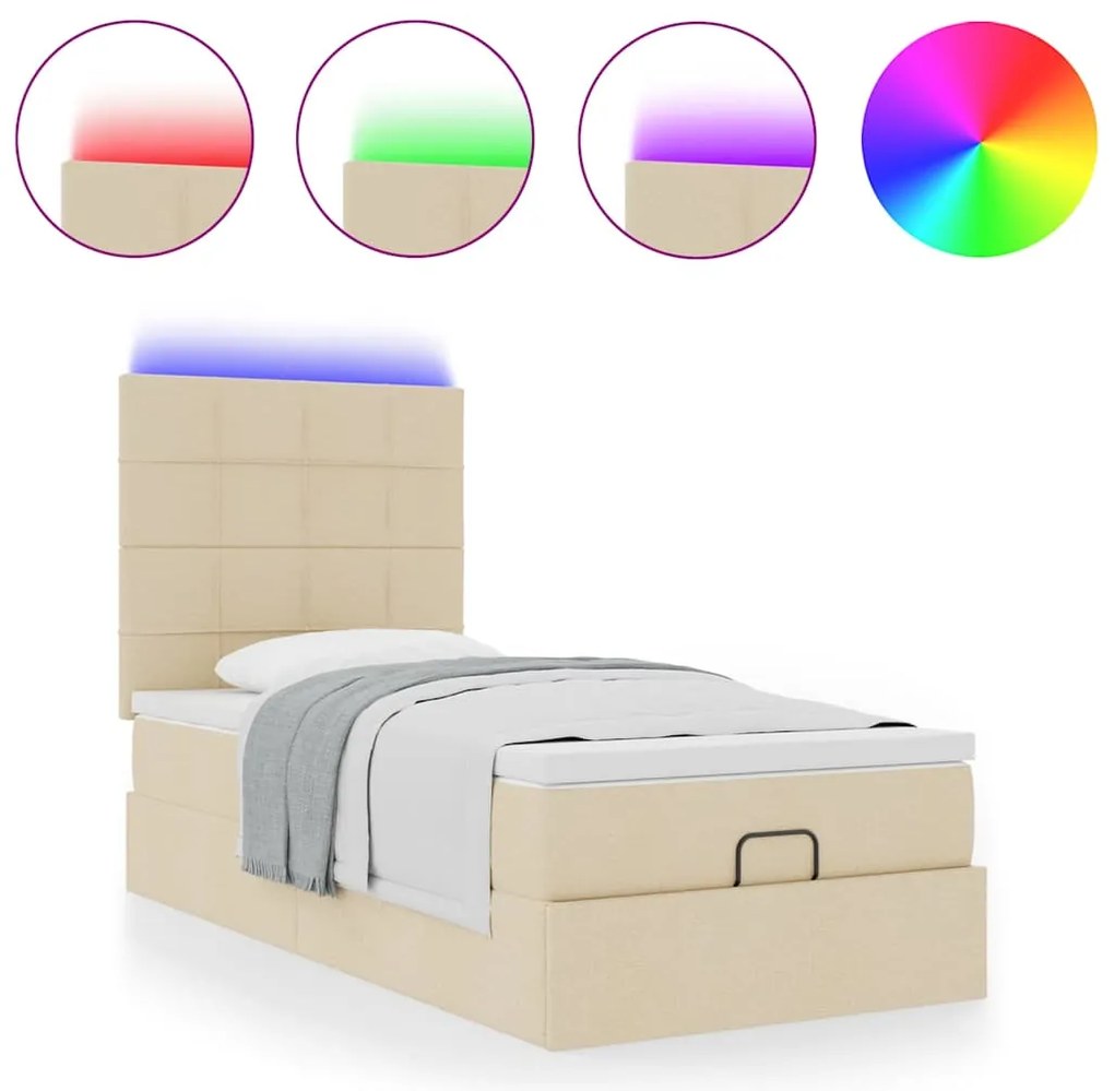 Cama Otomana com colchão &amp; LEDs 90x200 cm tecido creme