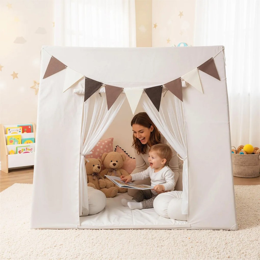 Tenda infantil 120x120x105cm com tapete lavável e bandeiras coloridas para canto de leitura para crianças a partir de 3 anos bege