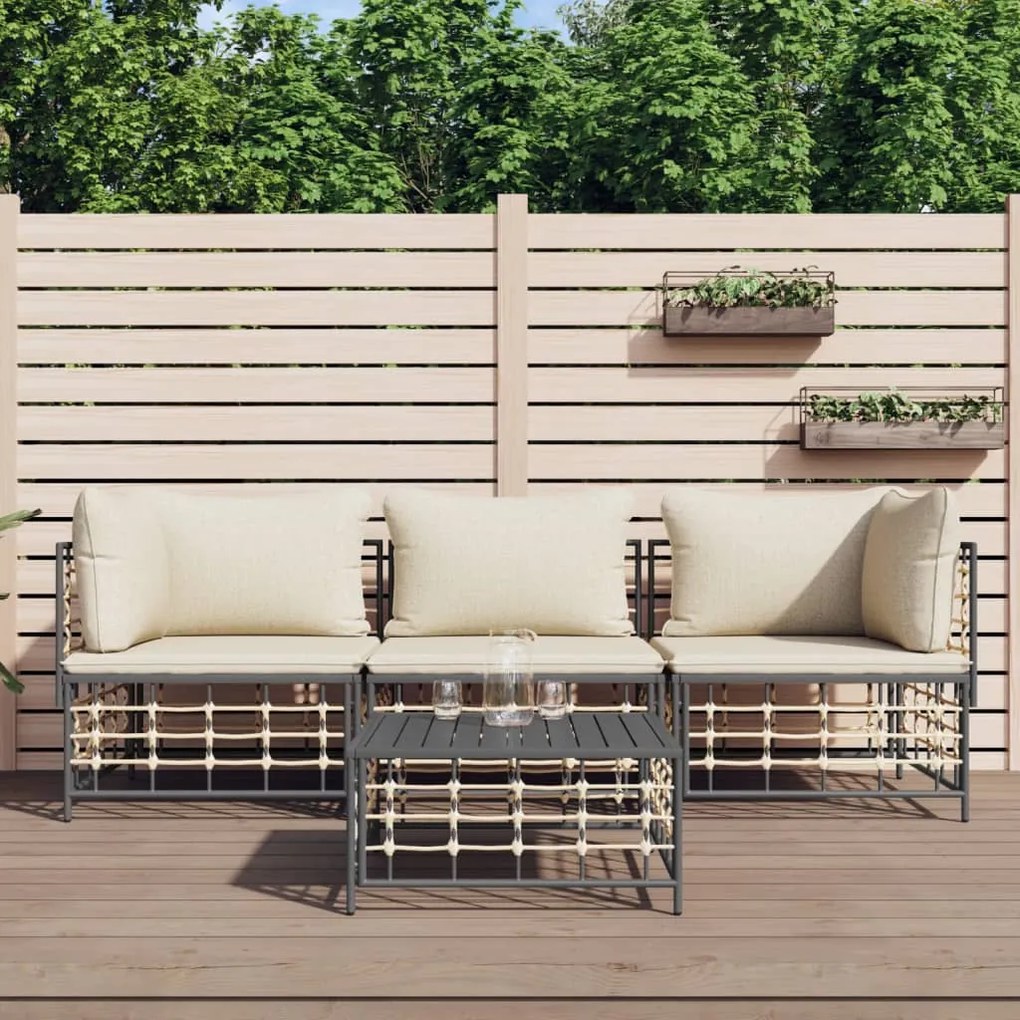 vidaXL 4 pcs conjunto lounge de jardim c/ almofadões vime PE antracite