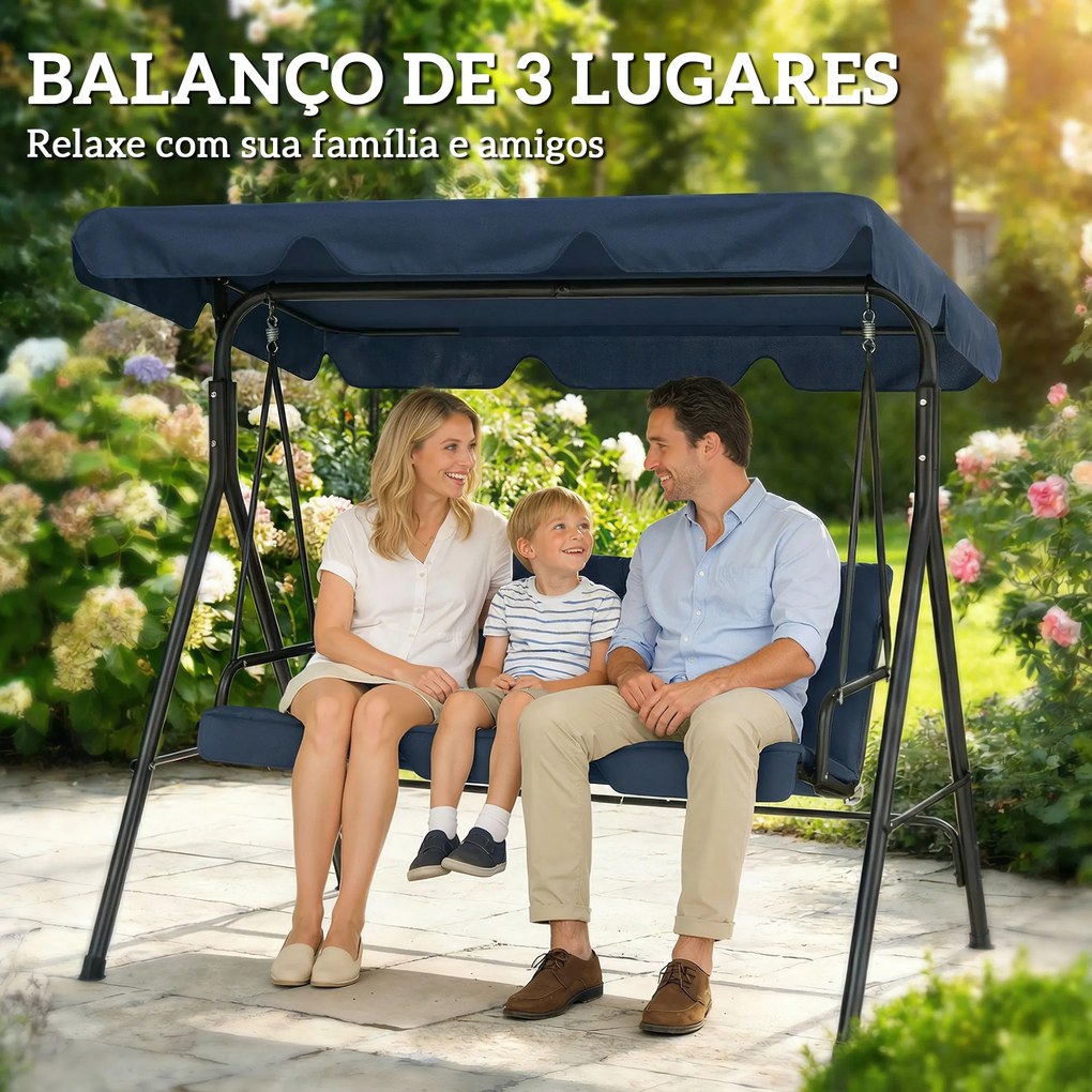 Baloiço de Jardim Exterior de 3 Lugares com Toldo Ajustável e Estrutura de Aço 172x118x153 cm Azul-Marinho