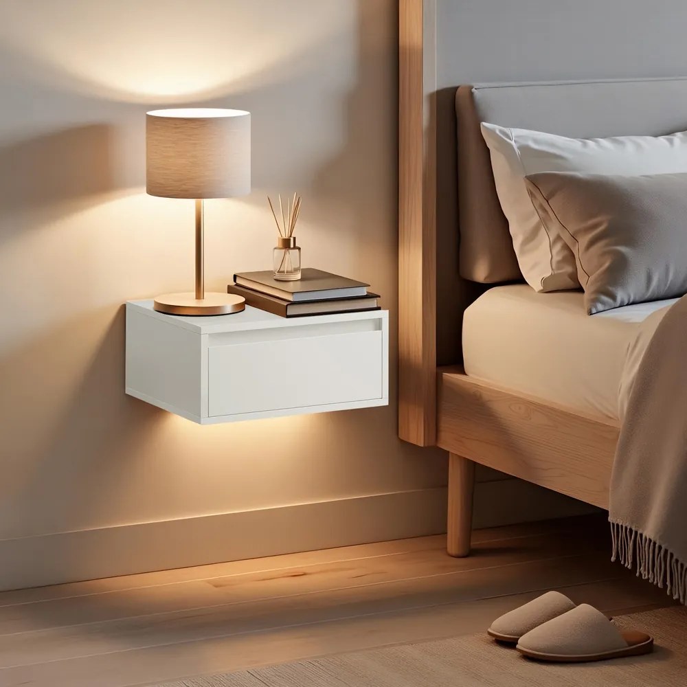Conjunto de 2 mesas de cabeçeira suspensas com luzes LED 35,1 x 40,1 x 18,1 cm brancas