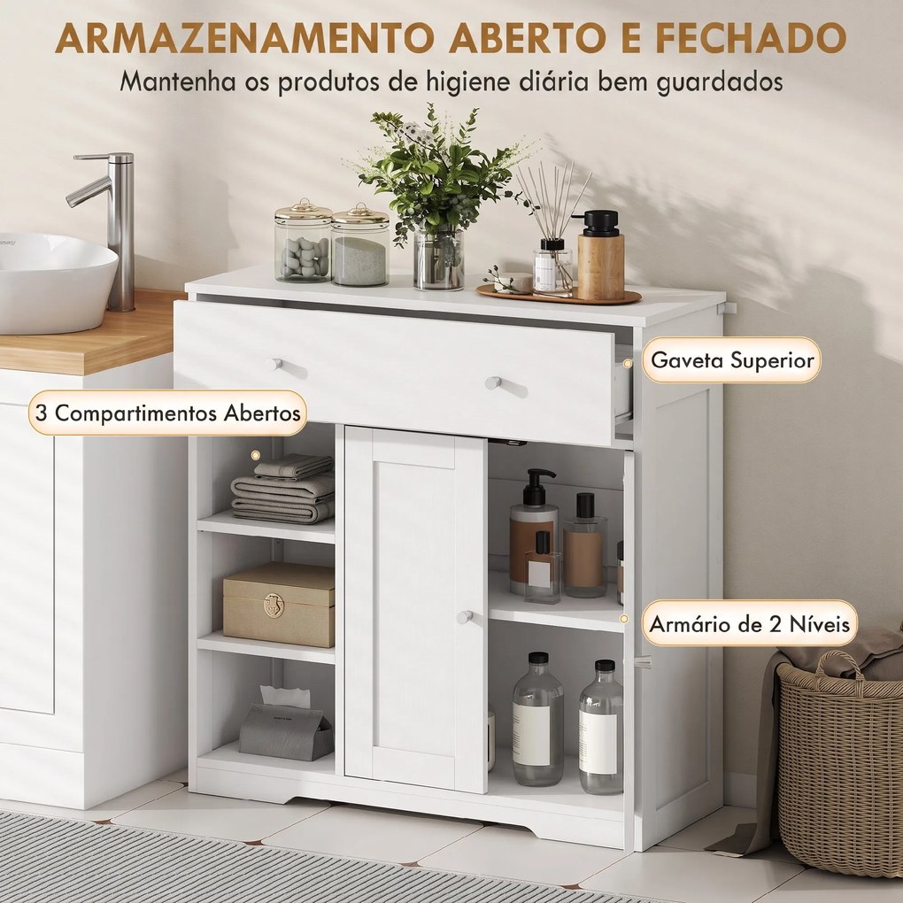 Armário de Casa de Banho Estreito com Gaveta 2 Portas e 3 Prateleiras Abertas 80x30x80,2 cm Branco Texturado