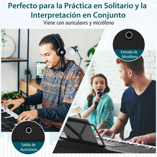 Teclado eletrónico portátil de 61 teclas com suporte e banco Conjunto completo de piano digital Branco + Preto