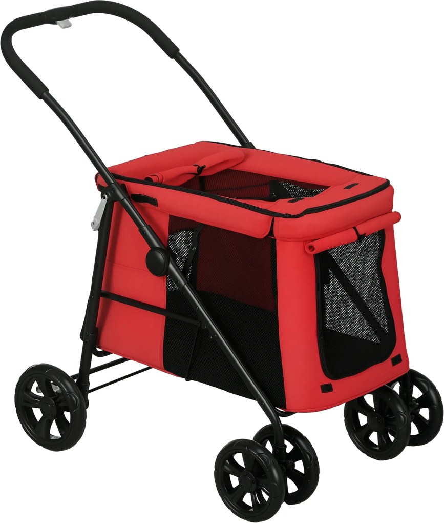 Carrinho de bebé dobrável 102 x 62 x 105 cm com motivos de animais (cão e gato), almofada incluída, rodas com travão, tecido Oxford 600D, vermelho