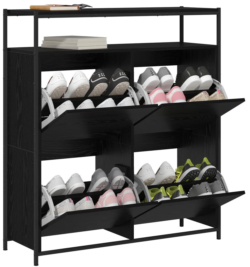 Gabinete de Sapatos com 4 Gavetas Basculantes Carvalho Preto 100x34x11